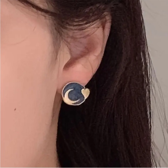 Gold and Blue Moon Earrings - Picture 2 of 3